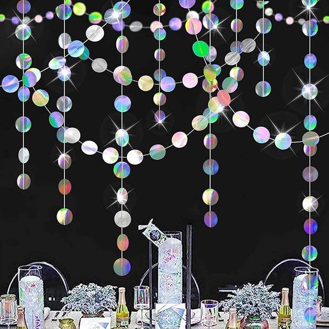 Shining Iridescent Circle Dots Hanging Garland - Sparkling Streamer, Glitter Bunting Banner, Backdrop for Wedding, Baby Shower, Birthday, Xmas Decor - 40 Feet