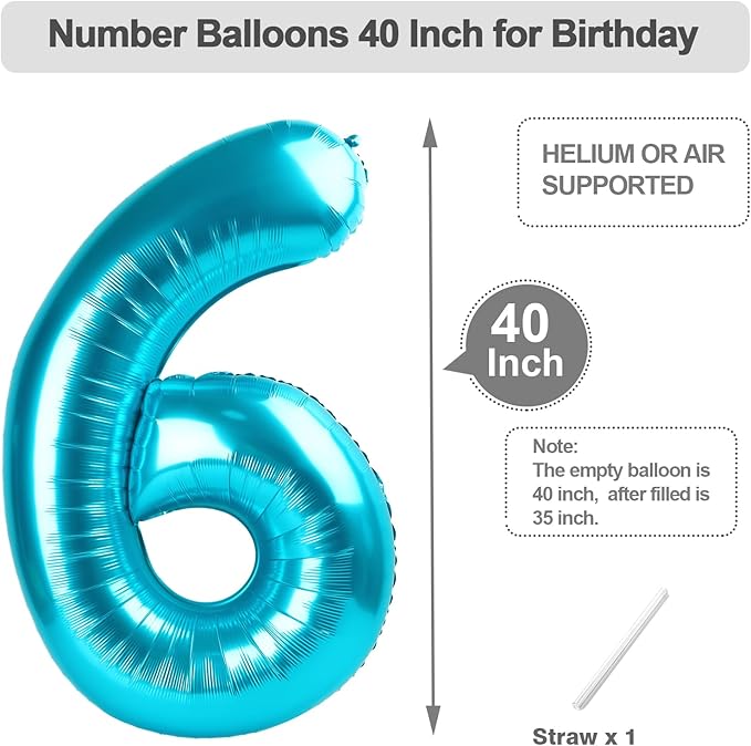 Numbers Balloon 6, 40 Inch Foil Big Balloon for Men And Women, Light Blue Balloons for 6, 16, 26, 60, 2026 Graduation, Birthday, Wedding Anniversary, Xmas, Party Supplies