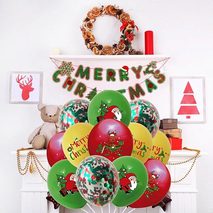 Christmas latex Balloons Merry Christmas Reindeer Santa Claus Red Green Confetti Balloons for Xmas New Year Theme Birthday Party Supplies 12Pcs