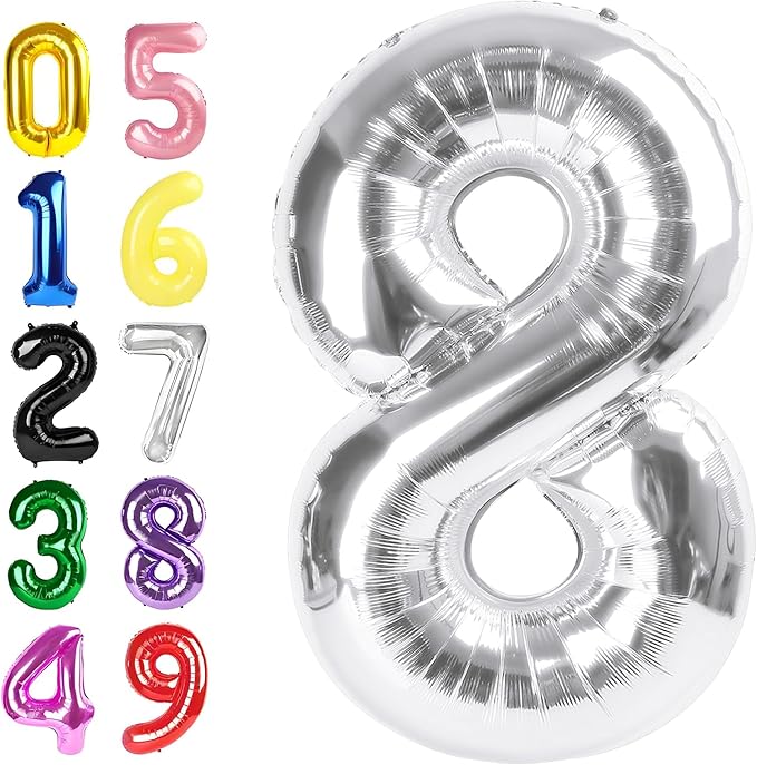 8 Balloon, 40 Inch Silver 8 Year Old Girl Birthday Decorations, Number Balloons Decoration for Happy 8 18 28 80 Birthday, Wedding Anniversary, New Year, Party Decoration
