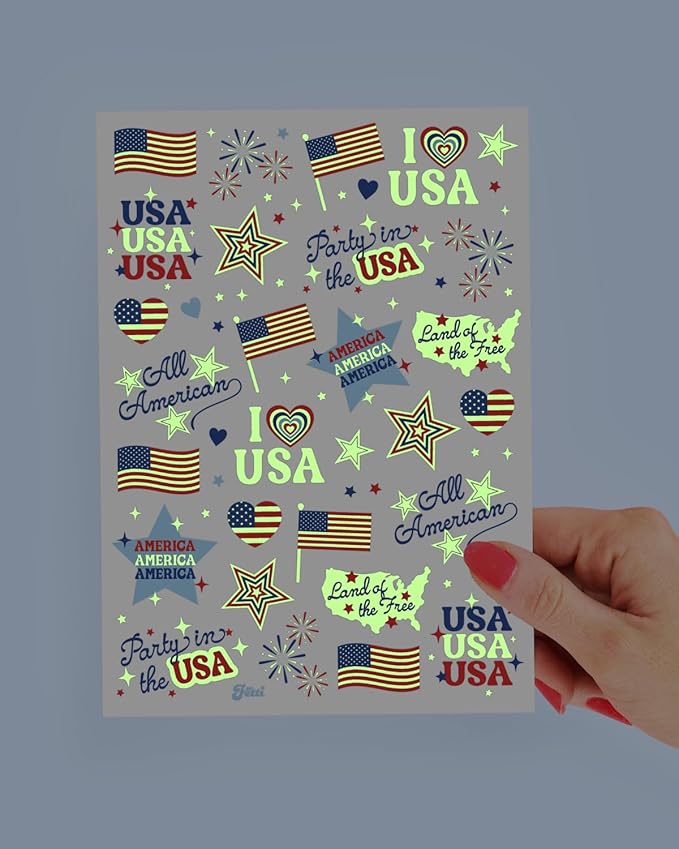 xo, Fetti Fourth of July Tattoos - 60 designs Glow in the Dark | Patriotic Party Decor, Red White Blue, USA Flag, Kids Birthday, American Independence Day, Temporary Tattoos