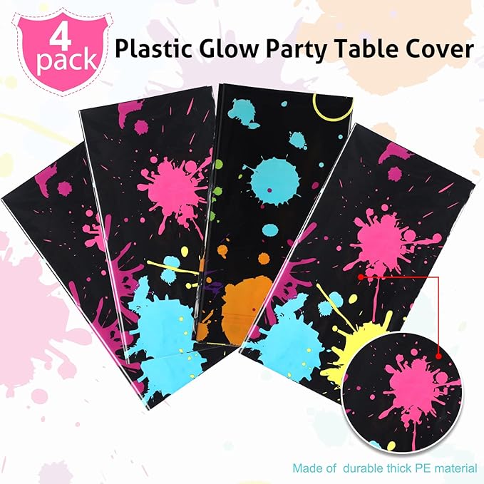 Glow Party Table Covers Neon Plastic Tablecloths 108 x 54 Inch Disposable Neon Glow Table Cloths for Black Light Birthday Party Supplies Decorations(4 Pieces)