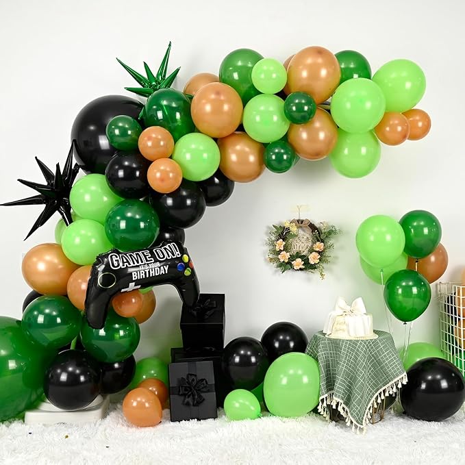 Video Game Balloon Arch Garland Kit with Green Black Brown Balloons Star Foil Balloon for boys Video Game Birthday Decorations