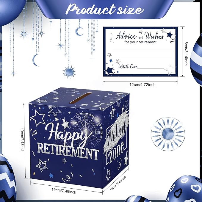 Funrous 51 Pcs Retirement Card Box Advice & Well Wishes Cards for Women Men Happy Retirement Party Decorations Going Away Party Favors(Blue and Silver)