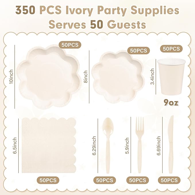 350 Pcs Ivory Paper Plates and Napkins Set, Tableware Set for 50 Guests Include Disposable Ivory Scalloped Plates, Napkins, Cups, Knives, Forks & Spoons for Baby Shower Wedding Bridal Shower Birthday