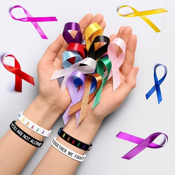 JUNEBRUSHS 42pcs Cancer Awareness Silicone Wristband Bulk All Prevention Ribbon Inspirational Rubber Bracelets for Cancer Fighters Favor Dress-Up Supplies