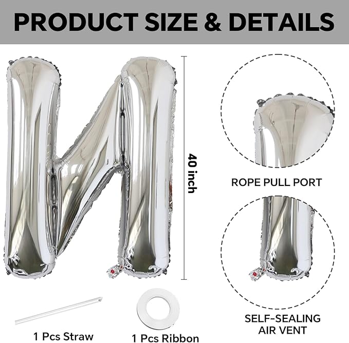 KALOR 40 Inch Silver Letter N Balloons Jumbo Foil Mylar Helium Big Balloons for Birthday Party Anniversary Baby Shower Supplies
