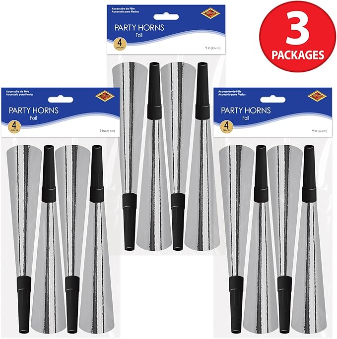 Beistle Sparkling Silver Party Horns, Pack of 12, Metallic Foil with Black Mouthpiece, Noise Makers for New Year’s Eve, Birthday Parties, Weddings and Celebrations, 9”