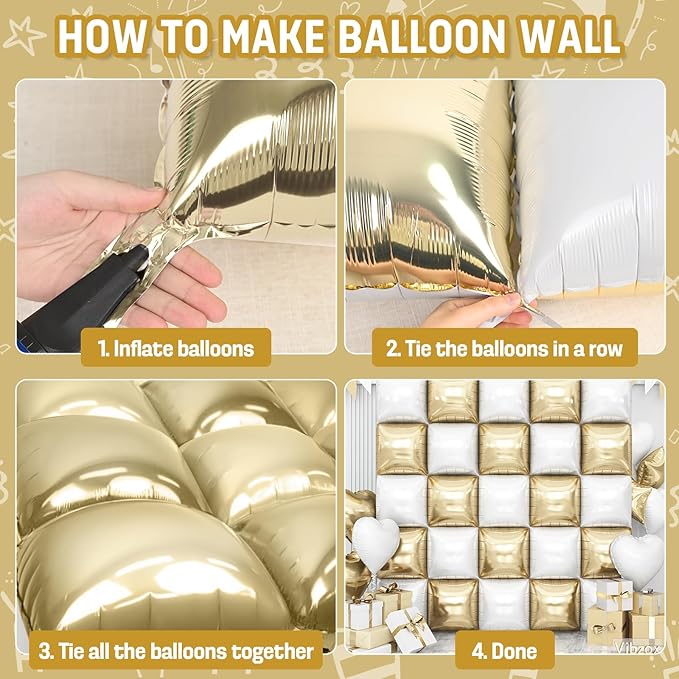 Gold White Square Foil Balloons Wall, 25PCS Double Sided Chrome Light Gold White Balloons Tunnel Arch Kit Backdrop for New Years 2026 Birthday Wedding Engagements Graduation Party Decorations