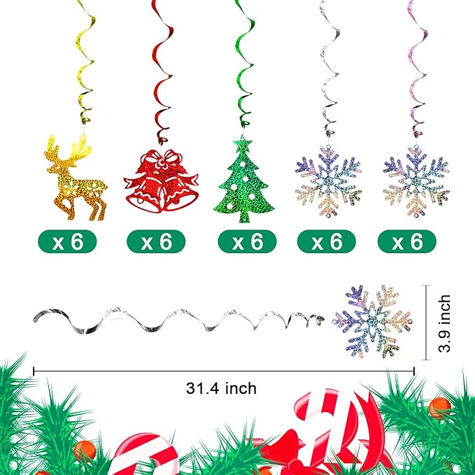 Christmas Hanging Swirls Decorations 30 Pack Sparkle Double Sided Red Green Party Merry Christmas Garland Foil Swirl Hanging Ceiling Ornaments Christmas Party Favors Xmas Holiday Party Decor Supplies
