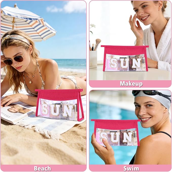 Sunscreen Bag Clear Makeup Bag Chenille Letter Sun Cosmetic Pouch Summer Beach Essential Cute Toiletry Pouch Travel Accessories Gifts for Women