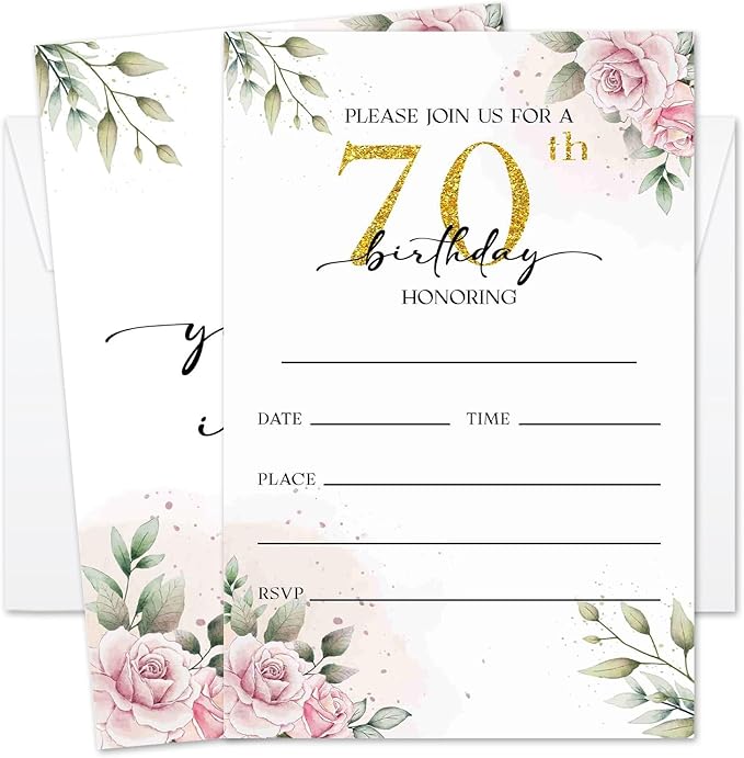 70th Rose Birthday Invitation for Women, Birthday Invitation With Envelopes, 70 Years Old Birth Invites for Adult, 20 Pcs Birth Invite Cards Party Celebration Supplies /05
