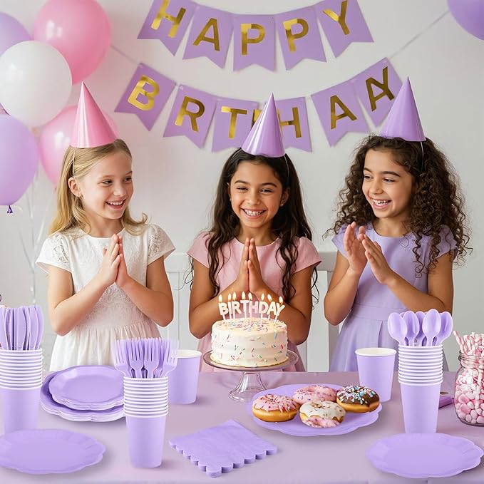 350 Pcs Light Purple Party Supplies Include Scalloped Plate Napkin Cup Forks Knives, Plastic Cutlery 50 Guest Disposable Party Tableware Set for Wedding Baby Shower Birthday Party