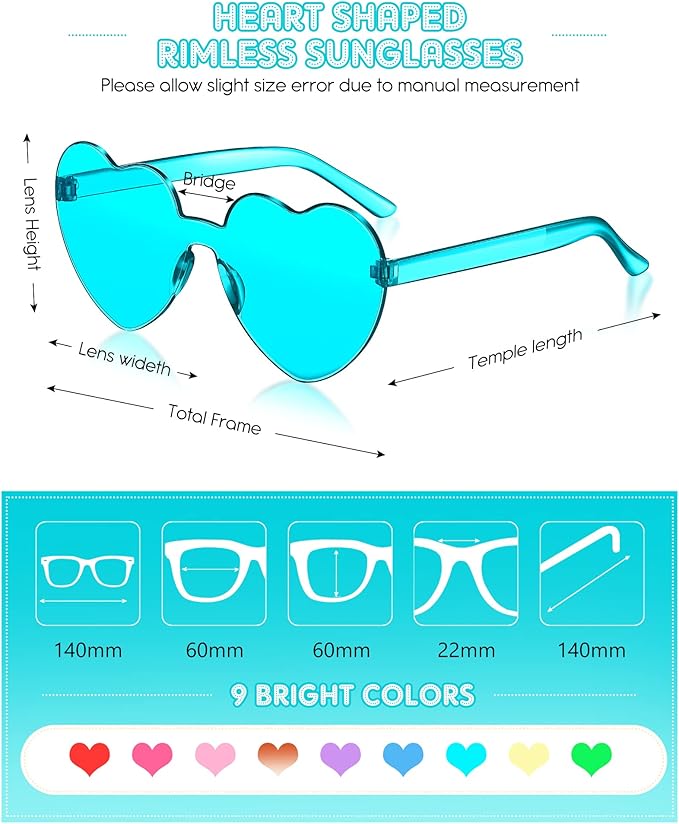 Frienda 20 Pairs Heart Shaped Sunglasses Rimless Candy Color Glasses for Women Men Party Favor
