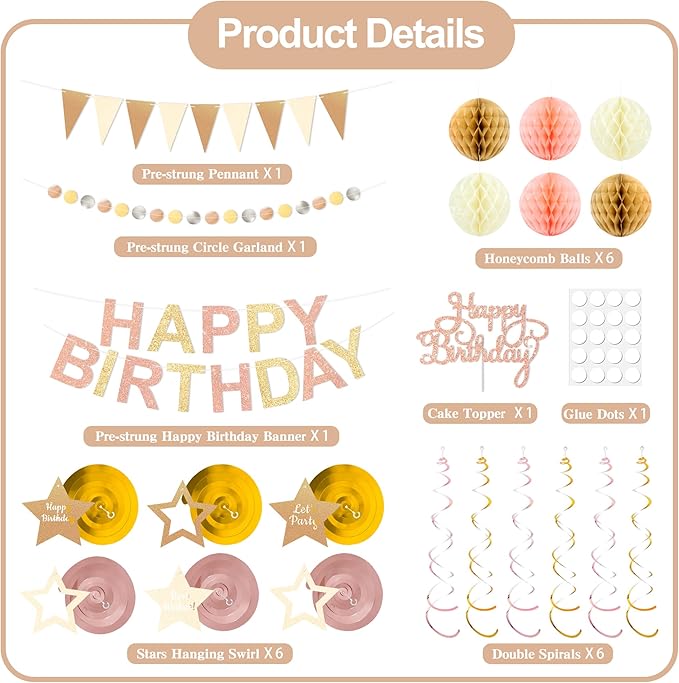 Birthday Decorations Pre-Strung Happy Birthday Banner for Women Girls Champagne Gold Birthday Banners with Pennant Honeycomb Balls Cake Topper Stars Hanging Swirl Streamers Circle Dots Garland