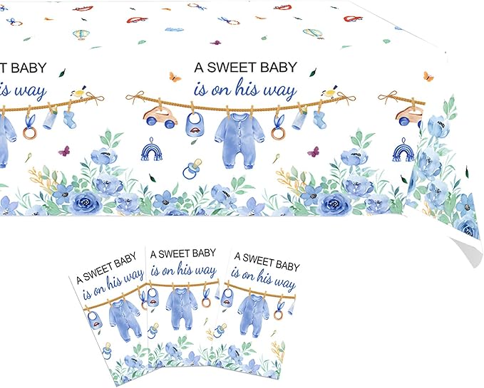 3 Pcs Baby Shower Decorations Boy A Sweet Boy is On His Way Party Supplies Blue Table Cover,Gender Reveal Table Cloths Decorations,55in x 86in
