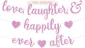 Pre-Strung Love Laughter & Happily Ever After Banner - NO DIY - Pink Glitter Bachelorette Wedding Bridal Party Banner - Pre-Strung Garland on 8 ft Strand - Pink Bachelorette Bridal Engagement Party