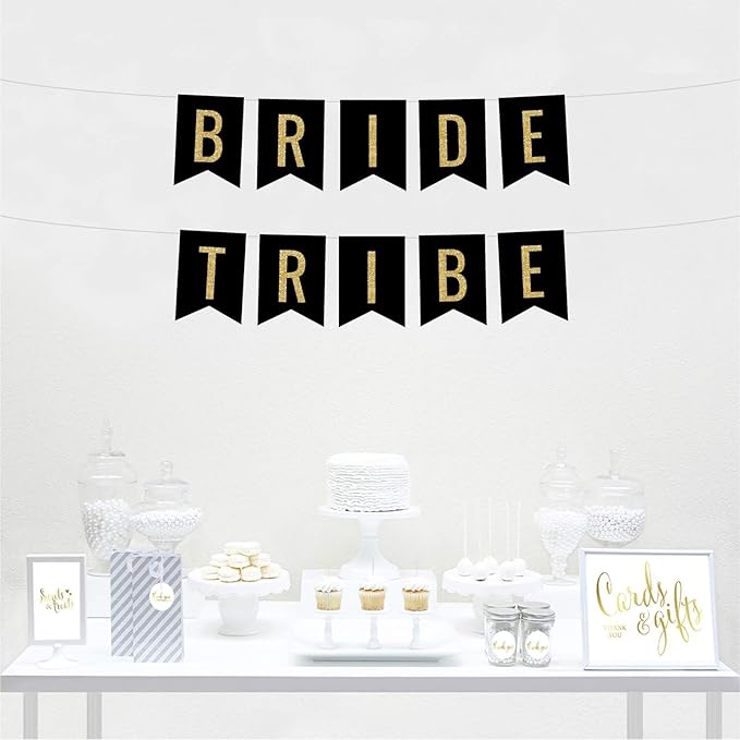 Andaz Press Faux Gold Glitter on Black Bridal Shower Bachelorette Party Banner Decorations, Bride Tribe, Approx 5-Feet, 1-Set, Colored Hanging Pennant Decor