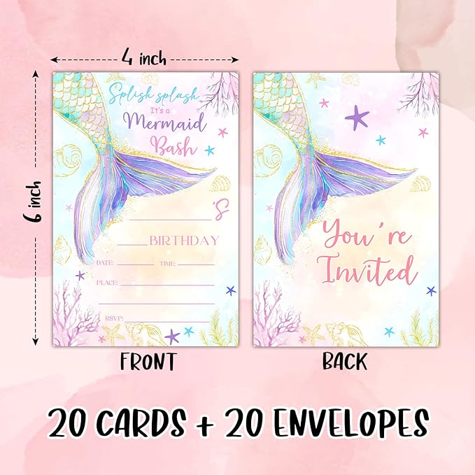 Mermaid Birthday Party Invitation Cards for Kids Girls, Ocean Theme Birthday Celebration Party Invite Cards Supplies, 20 Double-Sided Fill In Invites With Envelopes -07