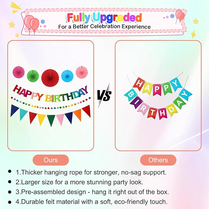 Pre-Strung Happy Birthday Banner, Reusable Felt Birthday Party Decorations, 3D Effect Happy Birthday Sign with Felt Ball Garland, Pennant Flag, Hanging Paper Fans for Men Women Boy Girls (Rainbow)