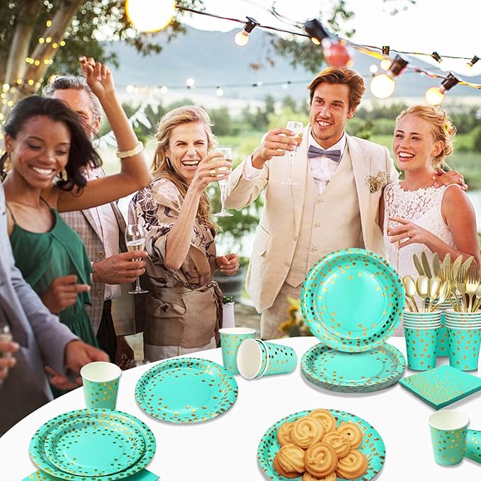 168PCS Teal Party Plates and Cups and Napkins sets,Teal Paper Plates Party Supplies Bulk with Gold Cutlery Serve 24 Guests for Bridal Shower Birthday Wedding Decorations