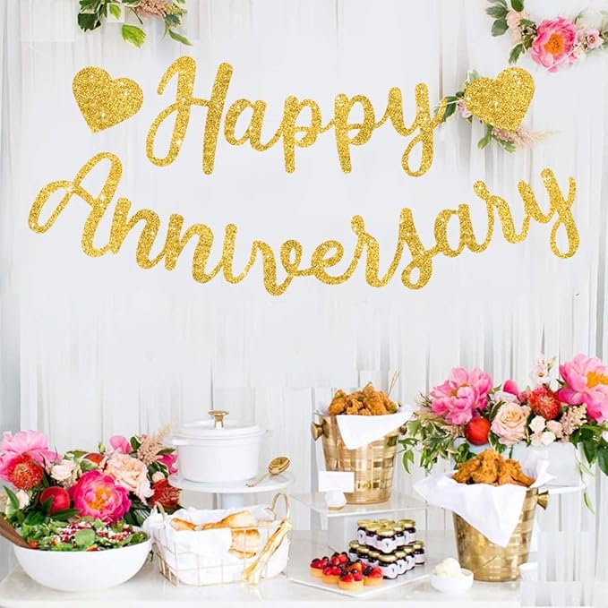 BEISHIDA Gold Happy Anniversary Banner, Pre-Strung - Gold Glitter Happy Anniversary Sign for Wedding Party Decorations