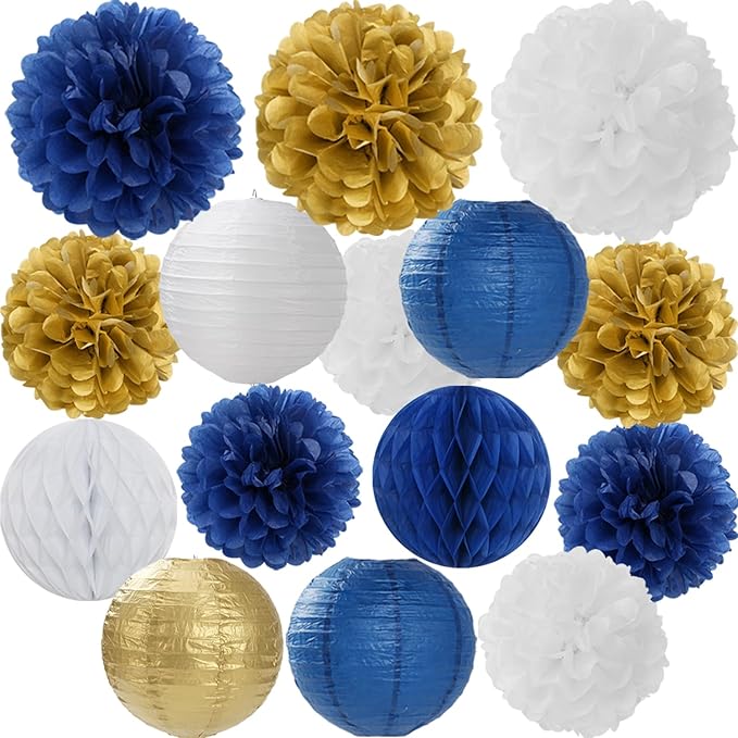 Navy Blue Gold White Paper Flowers Tissue Pom Poms Honeycomb Lanterns 15pcs Royal Party Decorations Birthday Wedding Baby Bridal Shower Bachelorette Graduation Hanging Supplies Mprocherify