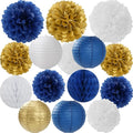 Navy Blue Gold White Paper Flowers Tissue Pom Poms Honeycomb Lanterns 15pcs Royal Party Decorations Birthday Wedding Baby Bridal Shower Bachelorette Graduation Hanging Supplies Mprocherify