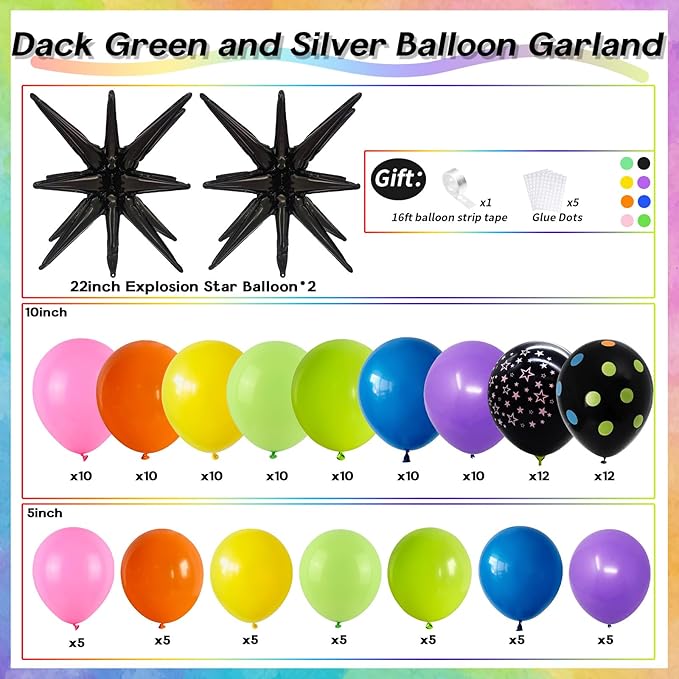 Rainbow Balloon Arch Garland Kit, 137pcs Colorful Balloons whit Rainbow Star Dot Glow Dark Balloons for Dark Party Let's Glow Birthday Wedding Back to 80s 90s Disco Rock Roll Party Decoration