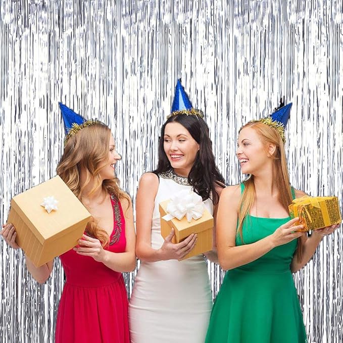 Silver Foil Fringe Curtain for Birthday Party Decorations -6.5x6.5ft, Pack of 2 | LILF Silver Backdrop Curtain for Bachelorette Disco Party Decorations Foil Tinsel Party Streamers for Baby Shower
