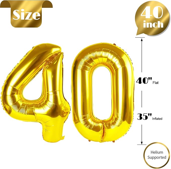40 Balloon Number, Gold Number 40th Birthday Balloons 40 Inch, 40 Years Old Gold Birthday Decorations for Men Women, 40th Anniversary Decorations