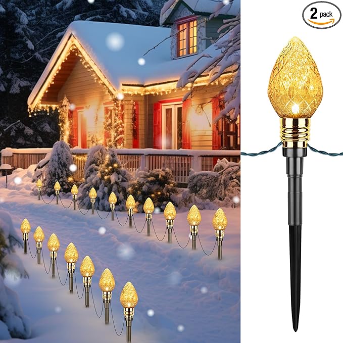 Brightown 2 Pack Strawberry C9 Christmas Pathway Lights Outdoor - Total 34.8 FT 20 LED Christmas Walkway Light, Connectable C9 Pathway Light, Christmas Decorations for Outdoor Yard Lawn, Warm White