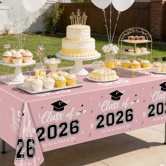Oigco 2 Pack Pink Graduation Tablecloths, Graduation Decorations Class of 2026, Congrats Grad Plastic Table Cloths for Graduation Party Decorations, 54 x 108 Inch