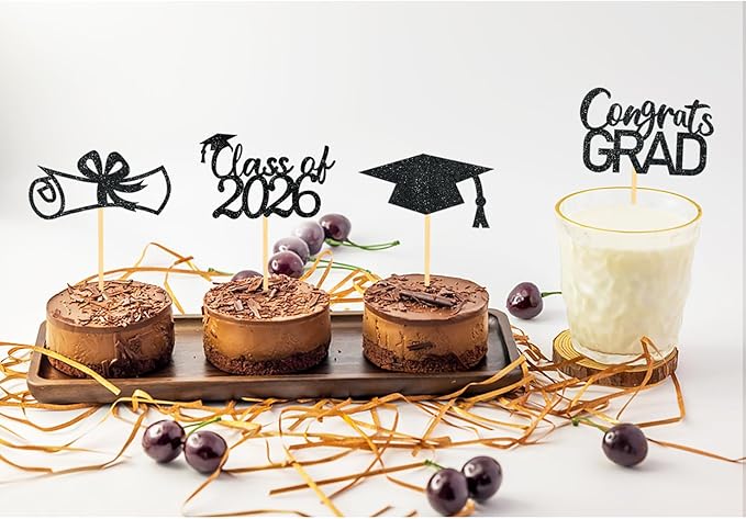 2026 Graduation Theme Cupcake Toppers Glitter Class of 2026 Graduation Cap Diploma Cupcake Picks - Set of 24 (Black)