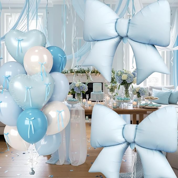 Paready Baby Blue Heart Balloon, 38 Inch Bow Balloons, Pearl Sand White Dusty Blue Latex Balloons and Bow Heart Shaped Foil Balloon for Boys Birthday Wedding Bridal Baby Boy Shower Valentine Decor