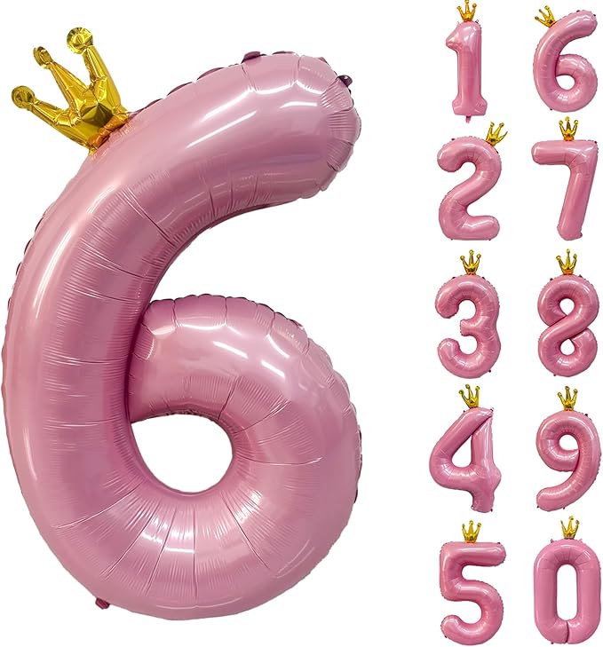 40 inch Pink Number 6 Balloon with Crown, Pink Crown Balloons 0-9 for 6th Birthday Party Anniversary Decorations Supplies