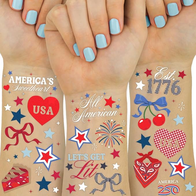 xo, Fetti America 250 Tattoos, 4th of July -60 Temporary Tattoos | USA, Red White Blue, Stars, Fireworks, Patriotic Party Decor, Kids Party, All American