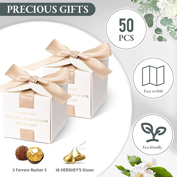 Marspark 50 Pcs Wedding Favor Boxes, 2.5 x 2.5 x 2.5 Inch Wedding Party Candy Boxes with Ribbons Bridal Gift for Guests Bridal Shower Birthday Party Anniversary Supplies(Gold)