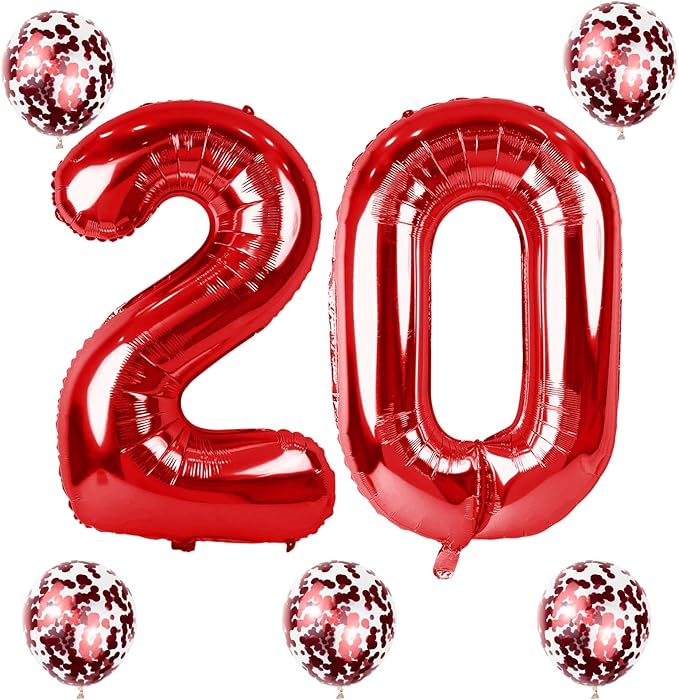 Red 20 Balloon Number, 40 Inch 20th Birthday Balloons with Confetti Helium Latex Balloons, Jumbo Digital 0 and 2 Mylar Foil Balloons for Boys Girls 2nd 20th Birthday Anniversary Party Decorations