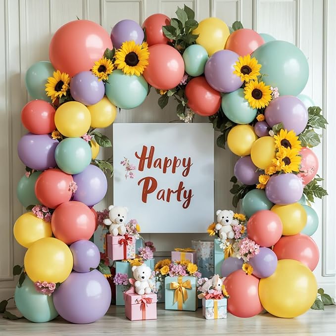 Dusty Green Purple Yellow Coral Balloons Arch Kit, Double Stuffed Sage Fog Green Pastel Yellow Red Light lavender Balloon Garland Kit for Birthday Floral Easter Spring Summer Party Decor