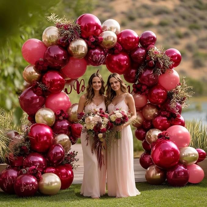 Burgundy Pink Balloon Arch Double Stuffed Maroon Gold Balloons Dark Red Pink Gold Balloon Garland Kit for Valentine Birthday Bridal Shower Wedding Party Decoration