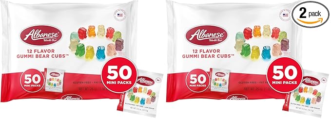 Albanese World's Best 12 Flavor Gummi Bear Cubs | 0.5oz Snack Packs of Candy | Miniature, Individually Wrapped, Soft Gummy |Cherry, Blue Raspberry, and More (Pack of 100)