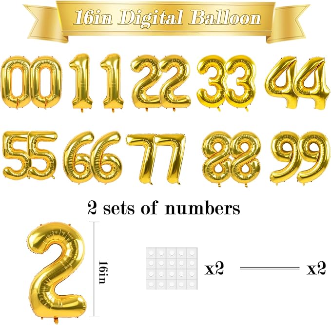 TONIFUL Number Balloons 16 Inch Gold 2 Set 0-9 Number Mylar Foil Balloons 20 Pcs Custom digitalal for 2026 New Year Eve Birthday Party Engagement Graduations Anniversary Baby Shower Decor