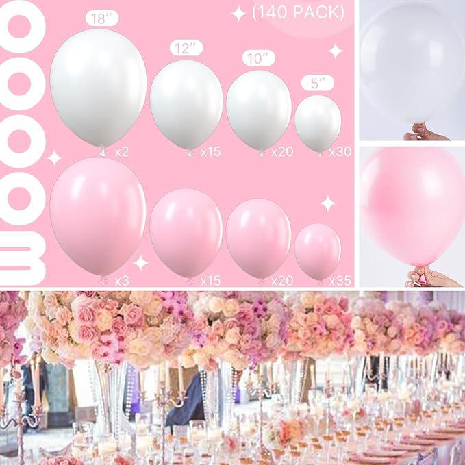 PartyWoo Pink and White Balloons, 140 pcs Pastel Pink and White Balloons Different Sizes Pack of 18 Inch 12 Inch 10 Inch 5 Inch for Balloon Garland or Arch as Birthday Decorations, Party Decorations