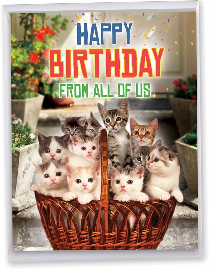 NobleWorks - Hilarious Happy Birthday Card with Envelope (8.5 x 11 Inch) - Funny Animal Greeting Card From All Of Us - From All Us Cats Birthday J5980BDG-US