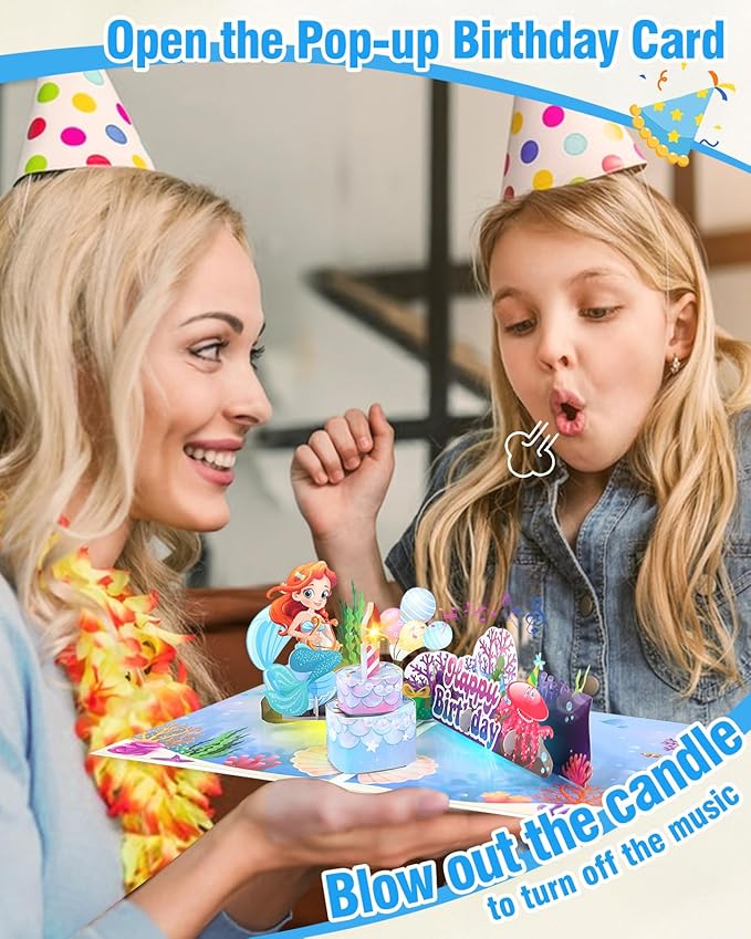 FaCraft Mermaid Birthday Card - 3D Musical Birthday Card for Kids Daughter & Girls - Blowable Candle with Cheering Sound - 8x6 Handmade Pop Up Kids Birthday Card with Envelope & Seal
