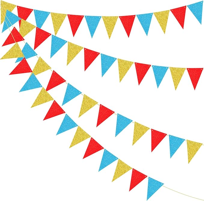 48 Pcs Colorful Triangle Banner Flag Pennant Banner Flags Glitter Garland Wall Door Hanging Banners for Birthday Graduation Classroom School Party Backdrop Decorations Gold, Red, Blue