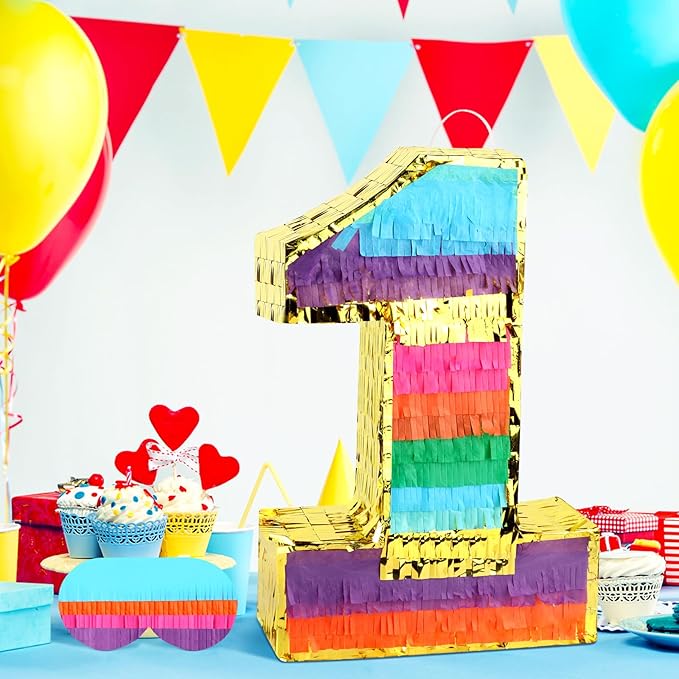 Rainbow Number 1 Pinata Birthday Decorations for Kids, Rainbow Pinata with Bat Stick Blindfold for Boys Girls Birthday Celebrations Baby Shower Party Supplies (16.1x10.6x2.9 Inches)