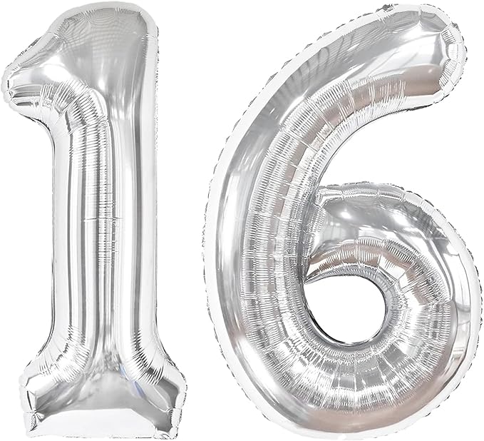 40 Inch Sliver Number 16 Balloon, Giant Number 16 Balloons for 16th Birthday Decorations, Party Supplies for Baby Boy Girl, Sliver Party Decor