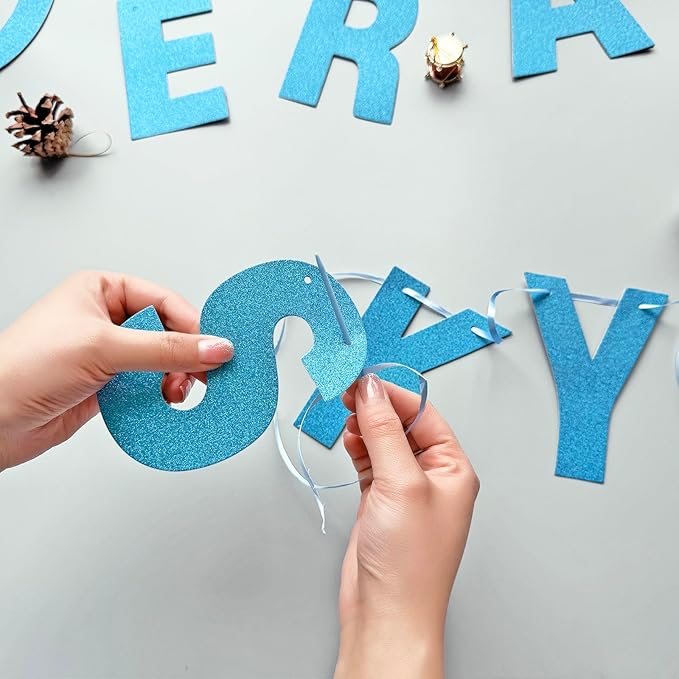 116 Pcs DIY Glitter Customizable Banner Kit Custom Banner Including 111 Letters and Numbers 3 Rope and 2 Threading Device for Personalized Decor for Birthday Banner (Baby Blue)